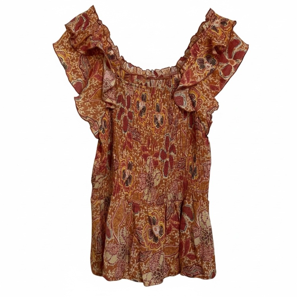 Nanette Lepore Smocked Off Shoulder Ruffle Sleeve Peasant Blouse Top‎ M